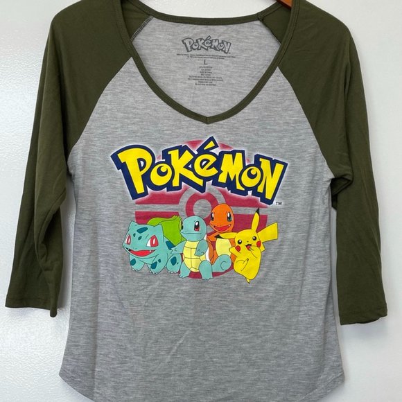 Pokemon Womens V Neck Jersey Size Large Gray and Green - Picture 1 of 4